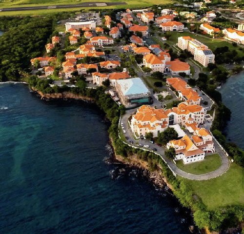 Aerial view of a coastal area with buildings featuring terracotta roofs, surrounded by greenery and bordered by the ocean.