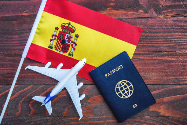 Spanish flag, a small model airplane, and a passport placed on a wooden surface.